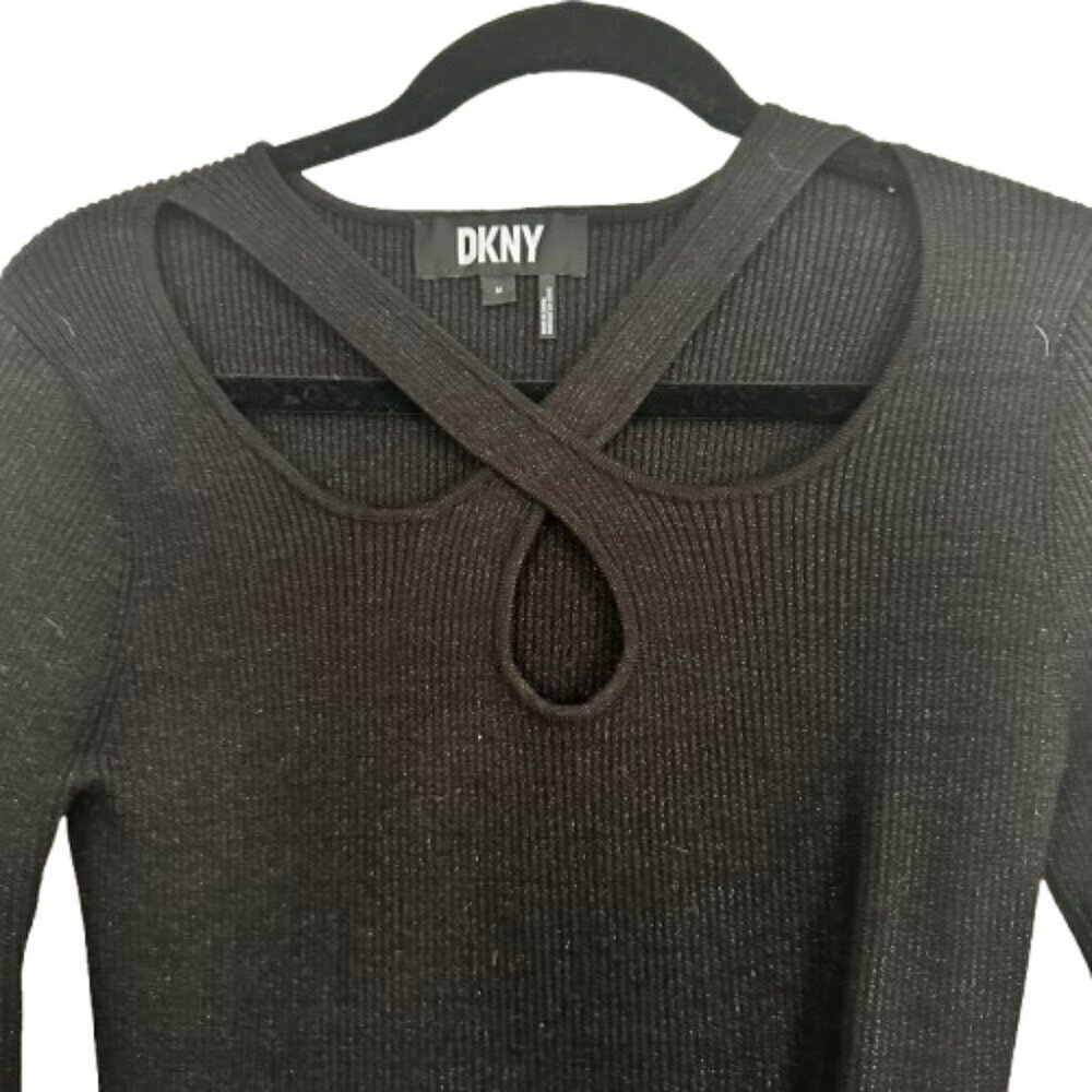 DKNY Ribbed Sparkle Knit Cut Out Long Sleeve Sweater Top Size Medium
